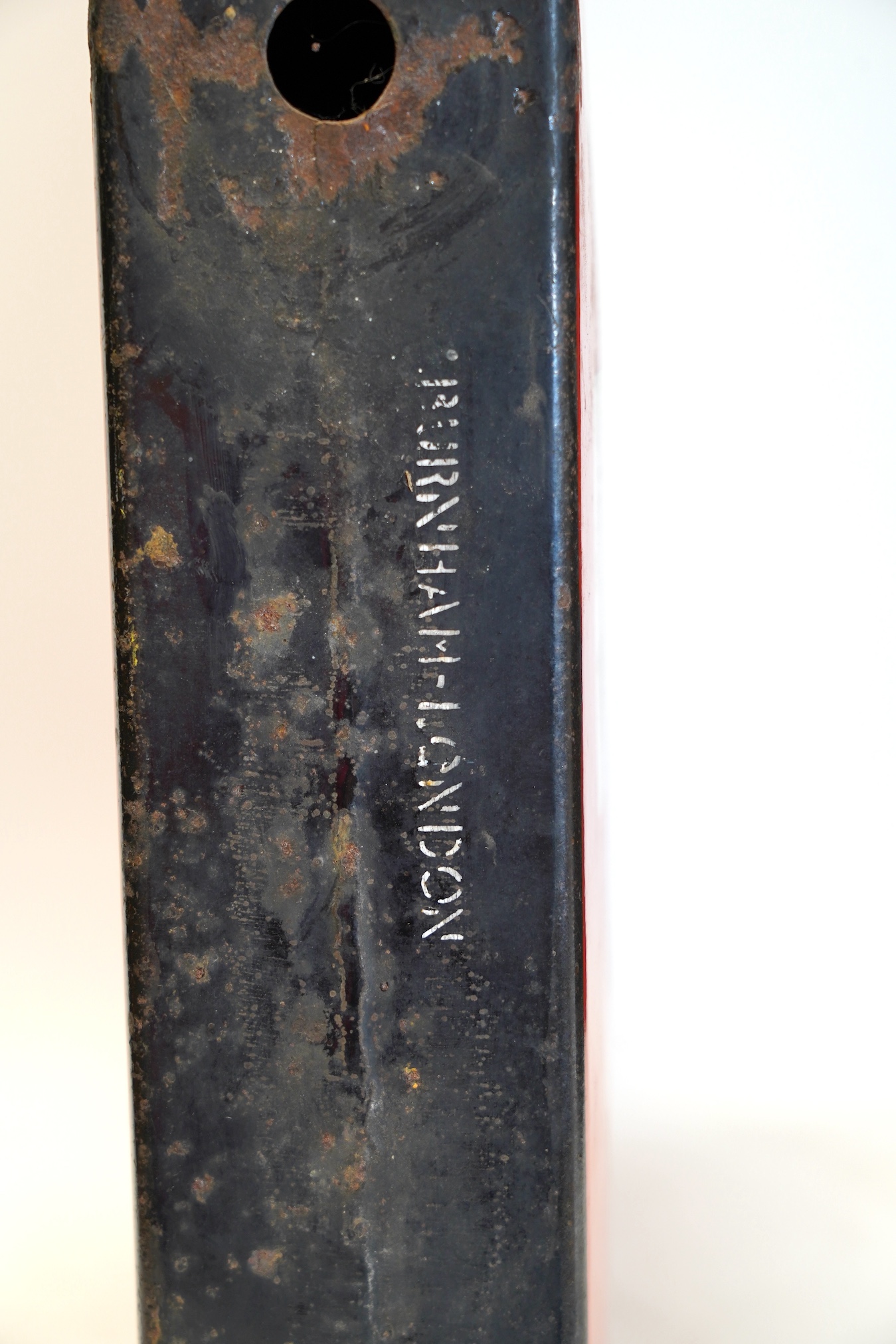 A London Transport double sided enamel Bus Stop Request sign, serial number on applied panel to base; 12137, 40cm high, 46cm wide. Condition - fair to good condition, with minor losses to the edge of the enamel, etc.